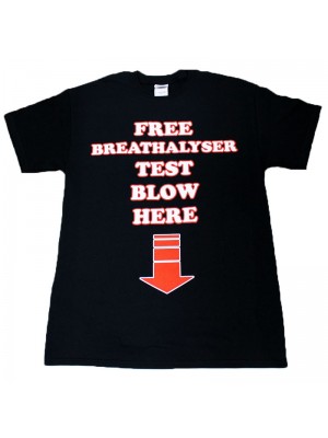 "Free Breathalyser Test Blow Here" Design Black Cotton T-Shirt