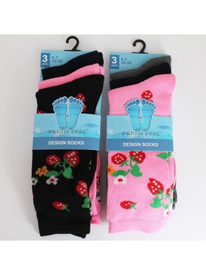 Fresh Feel Ladies Strawberries & Flower Print Socks (Assorted Colours) 