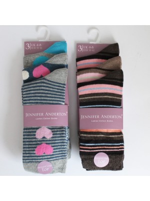 Ladies Cotton Rich Socks - Assorted Designs With Honeycomb Top