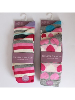 Ladies Cotton Rich Socks Heart & Stripes Design With Honeycomb Top