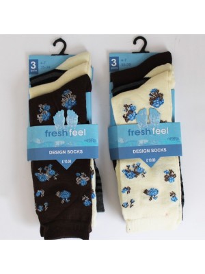 Ladies' Fresh Feel Design Socks - Flowers & Stripes Assorted Colours