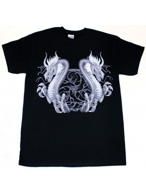 Twin Dragon Design Black Cotton T-Shirt