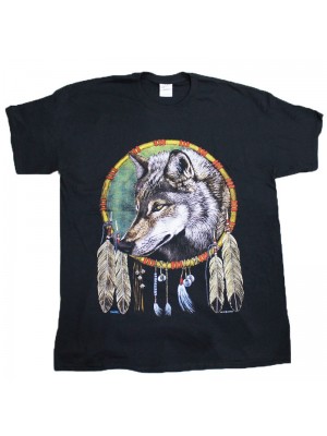 Wolf Dreamcatcher Black Cotton T-Shirt