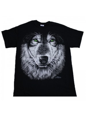 Green Eye Wolf Face Design Black Cotton T-Shirt