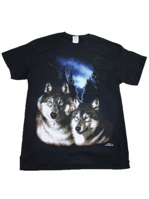 Twin Brother Wolves Design Black Cotton T-Shirt